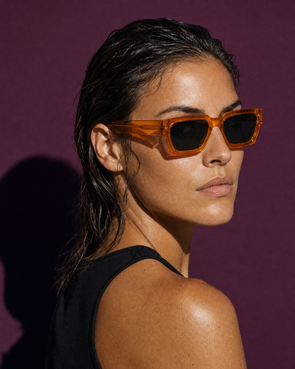 SLAB Frame 06 in SHERBET translucent tangerine, three-quarter portrait