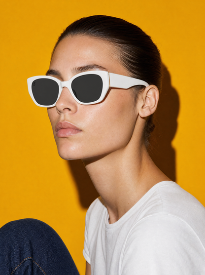 SLANT Frame 08 cat-eye sunglasses in SNOW bright white, three-quarter portrait