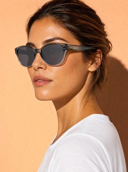 HM578 soft cat-eye sunglasses in STORM graduated teal-grey, three-quarter portrait