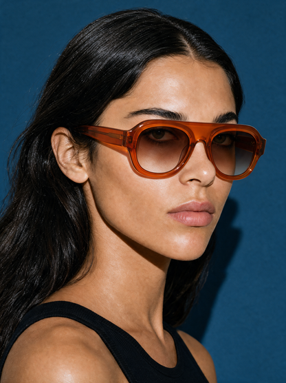 CREST Frame 14 pilot sunglasses in WHISKY translucent amber, three-quarter portrait