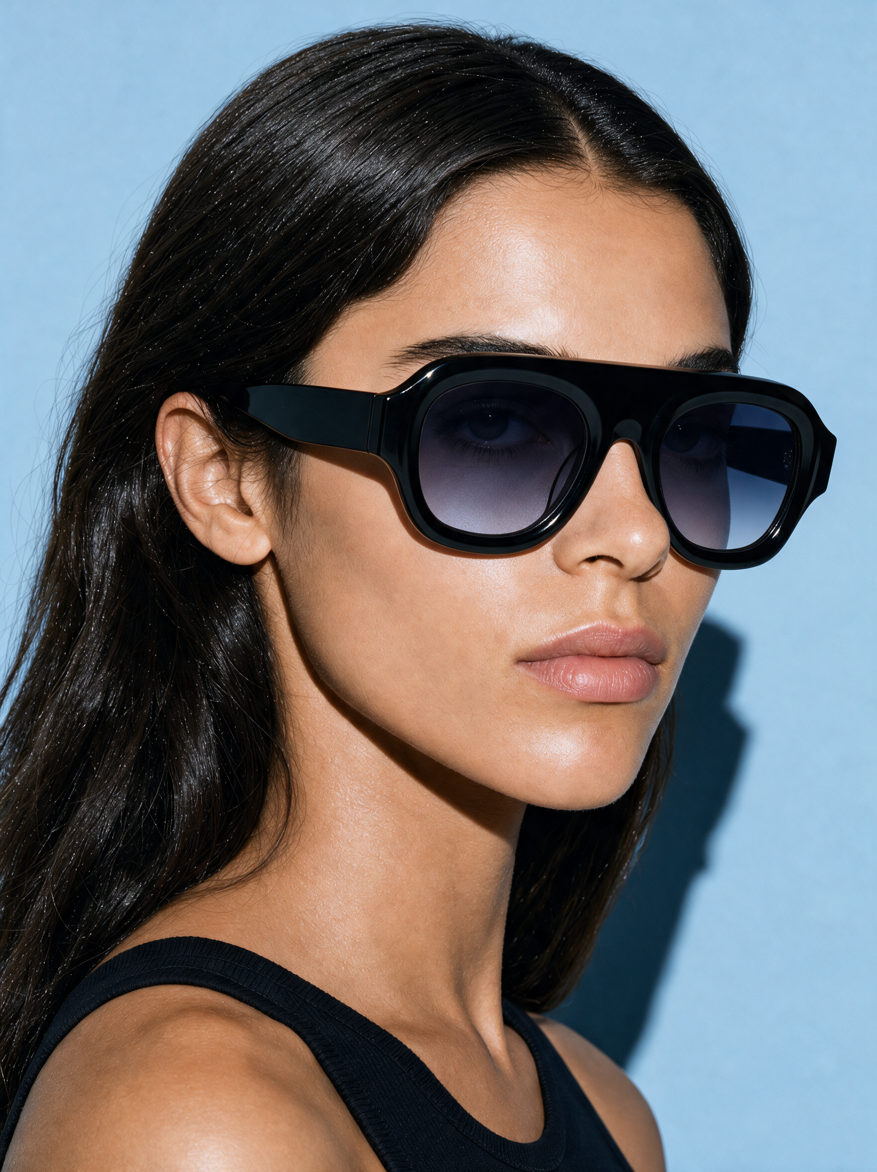 CREST Frame 14 pilot sunglasses in COAL gloss black, three-quarter portrait