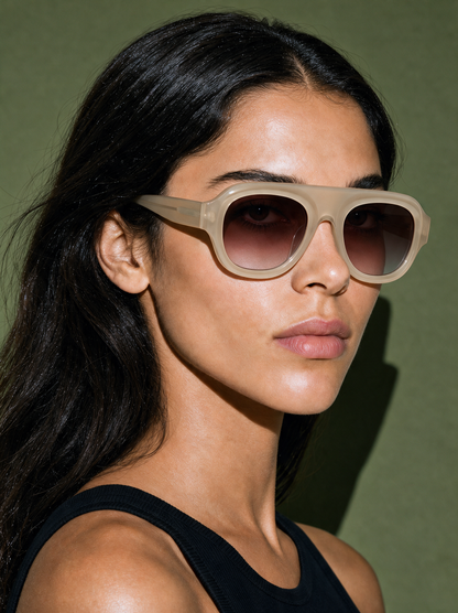 CREST Frame 14 pilot sunglasses in PUTTY milky taupe, three-quarter portrait