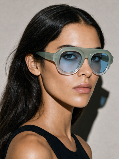 CREST Frame 14 pilot sunglasses in SEAGLASS sage to clear gradient, three-quarter portrait