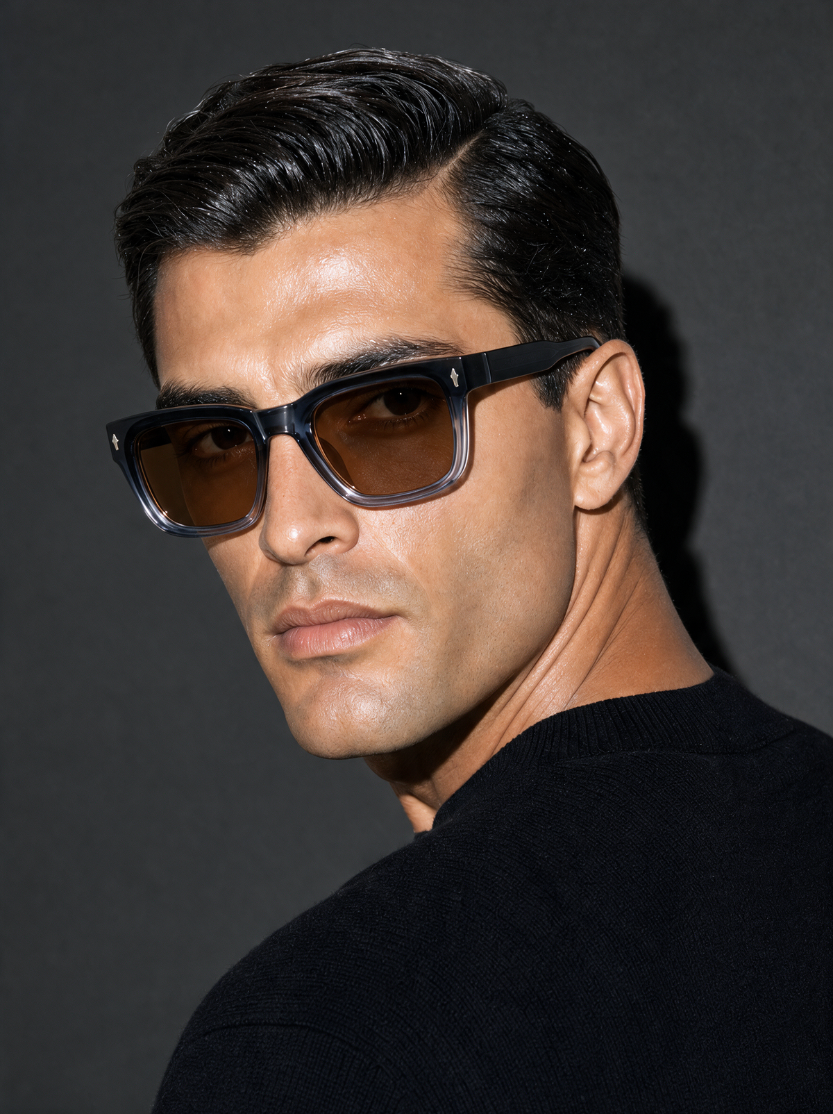 BARON Frame 16 square sunglasses in DUSK grey-blue gradient, three-quarter portrait