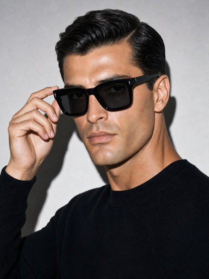 BARON Frame 16 square sunglasses in JET gloss black, three-quarter portrait