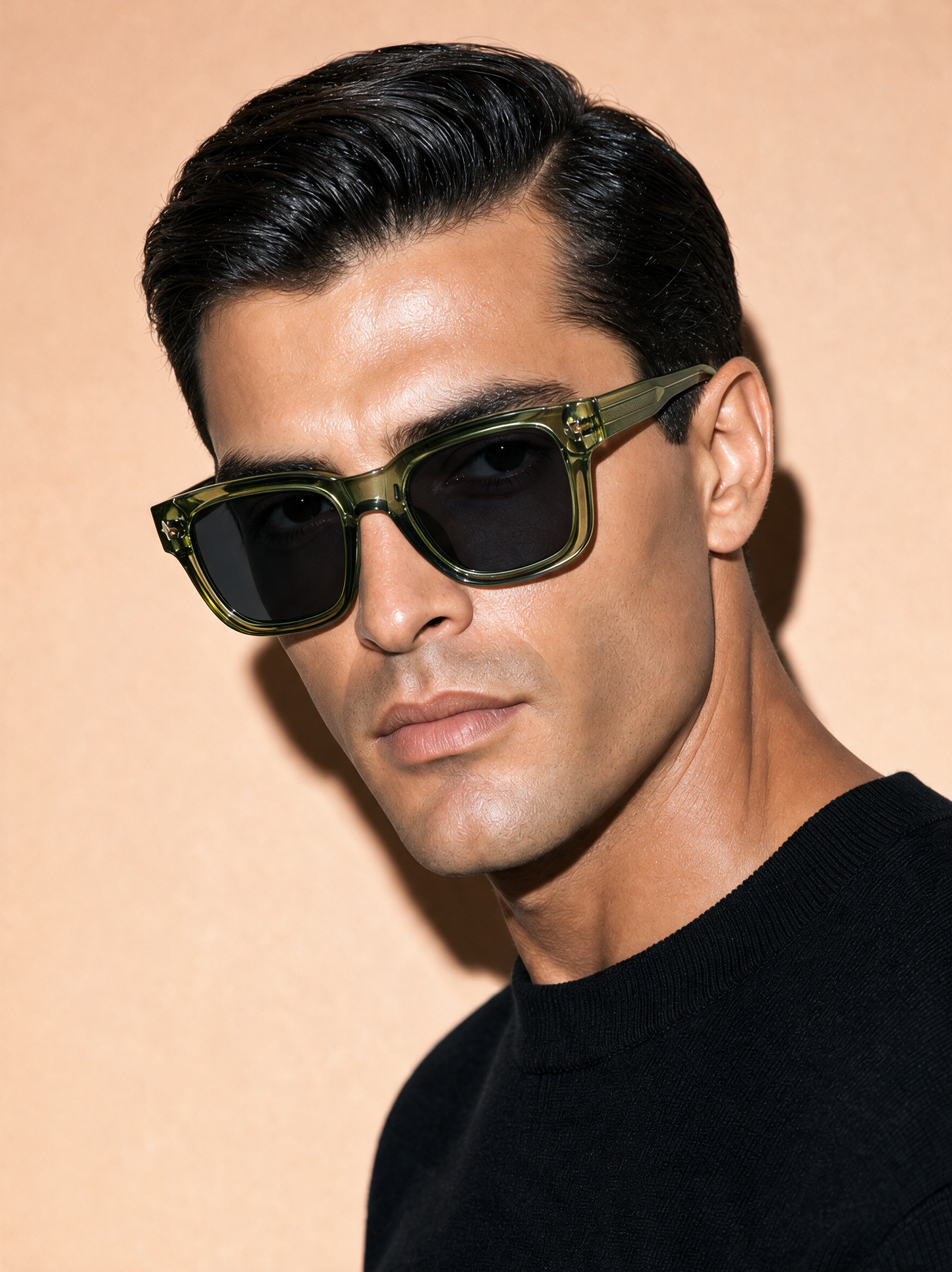 BARON Frame 16 square sunglasses in BASIL translucent green, three-quarter portrait