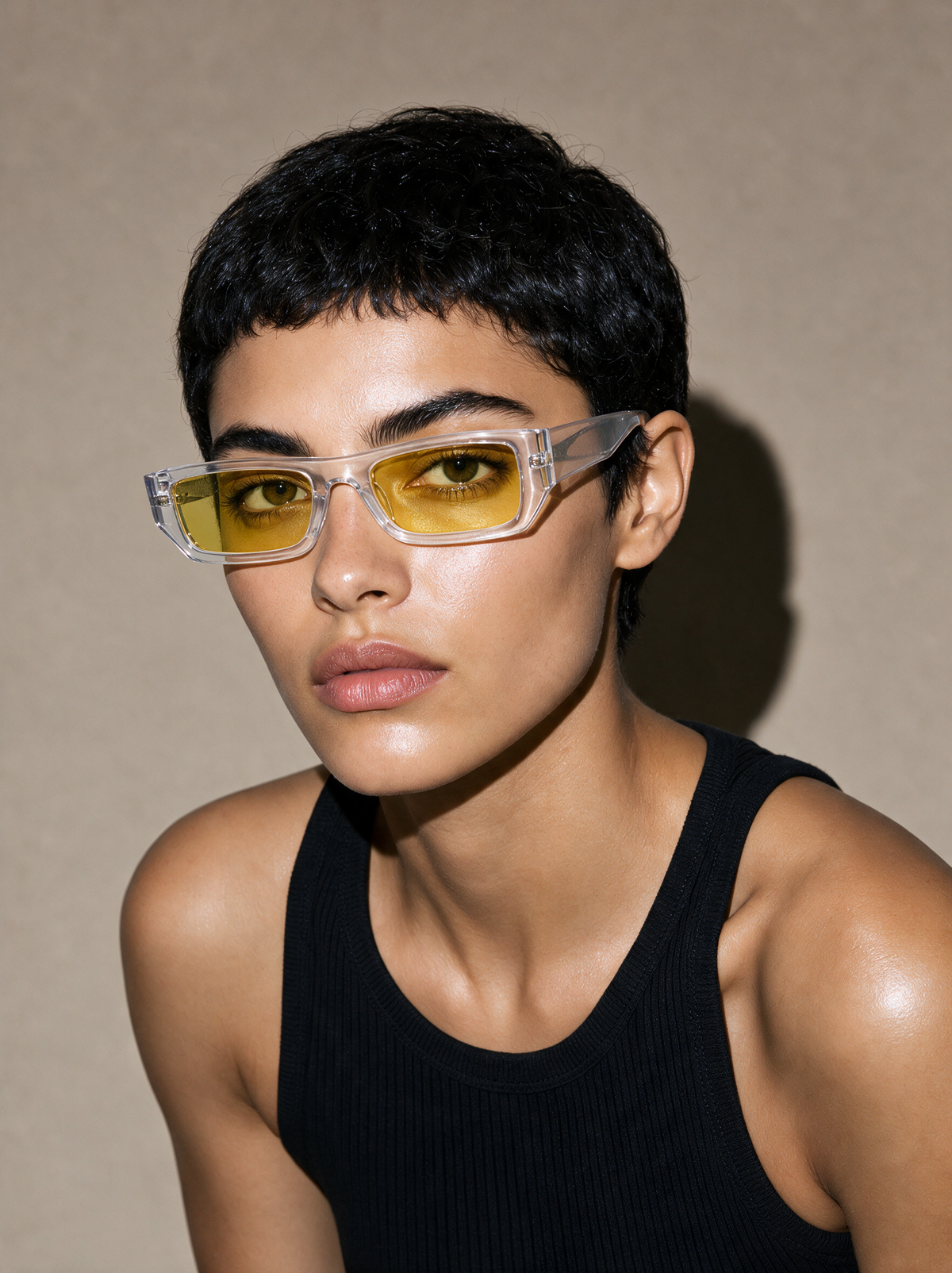 BLADE Frame 17 rectangle sunglasses in CITRON clear crystal with yellow lenses, three-quarter portrait