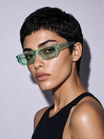 BLADE Frame 17 rectangle sunglasses in PISTACHIO translucent green, three-quarter portrait