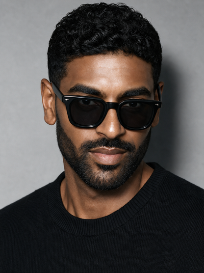 ANVIL Frame 19 squared sunglasses in EBONY gloss black, three-quarter portrait