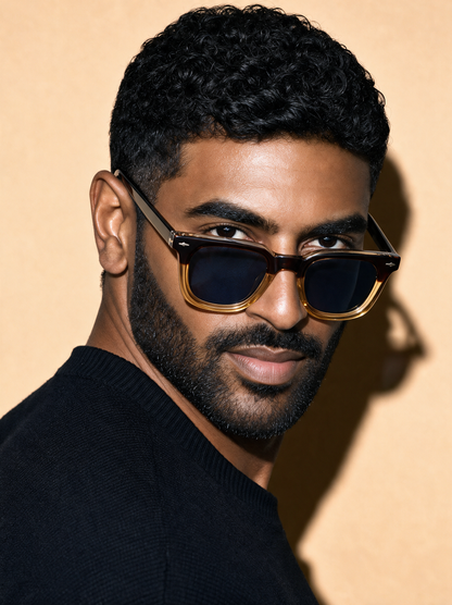 ANVIL Frame 19 squared sunglasses in COGNAC brown gradient, three-quarter portrait