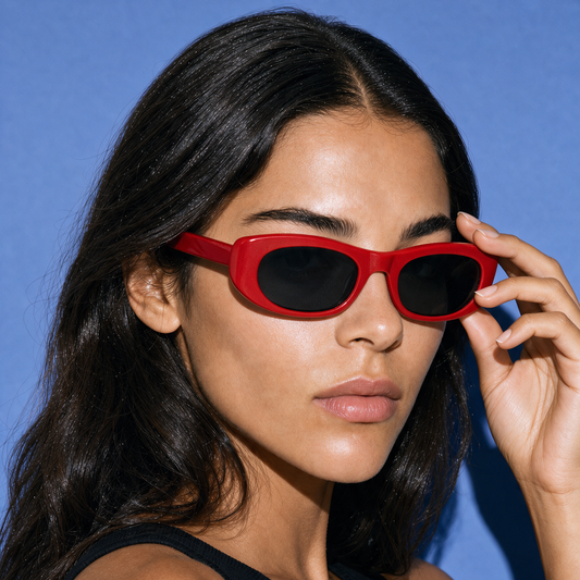 SLINK Frame 20 oval sunglasses in SCARLET red, three-quarter portrait