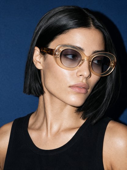 ORBIT Frame 21 oval sunglasses in TOPAZ translucent champagne, three-quarter portrait