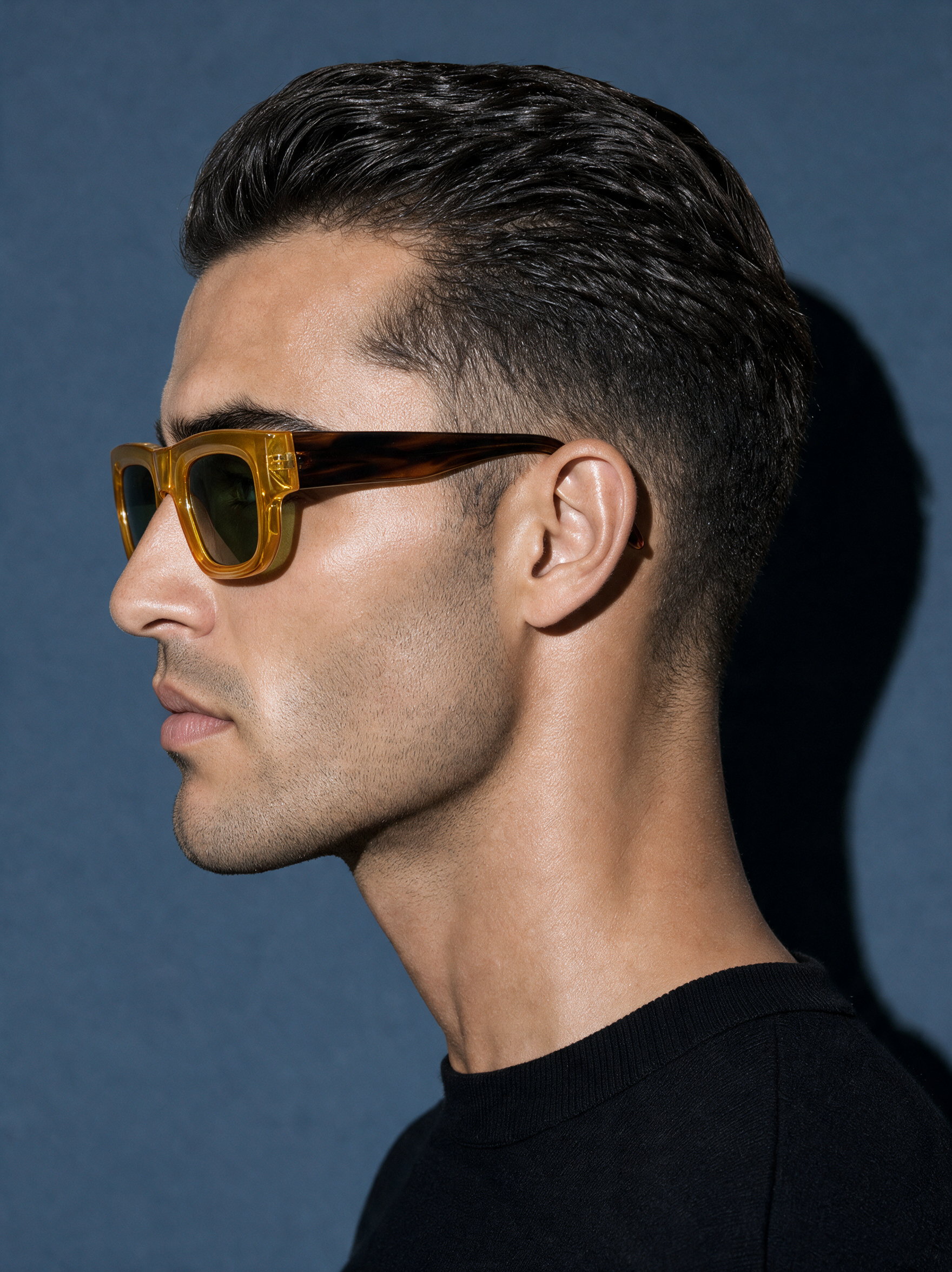 CHISEL Frame 22 sunglasses in SAFFRON, side profile showing streaked tortoiseshell temple