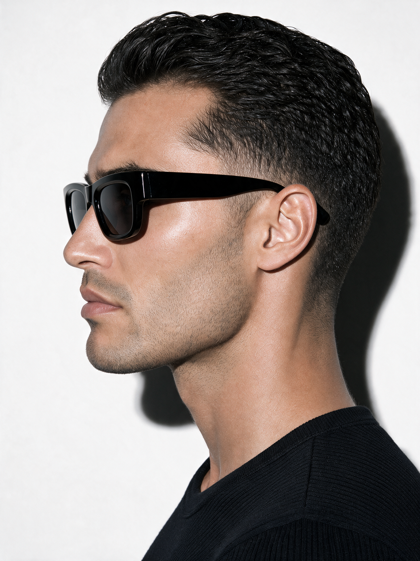 CHISEL Frame 22 sunglasses in BASALT, side profile showing thick black temple