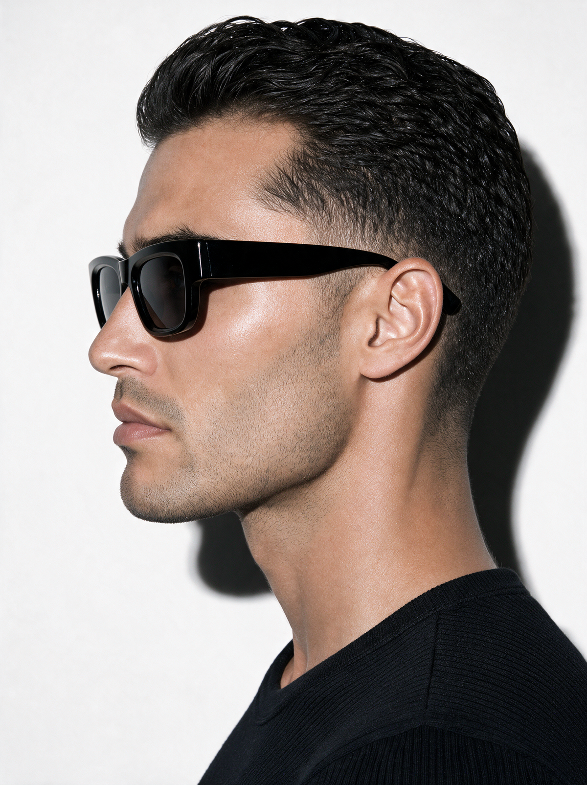 CHISEL Frame 22 sunglasses in BASALT, side profile showing thick black temple