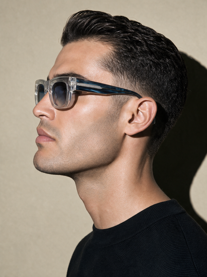 CHISEL Frame 22 sunglasses in GLACIER, side profile showing marbled blue temple