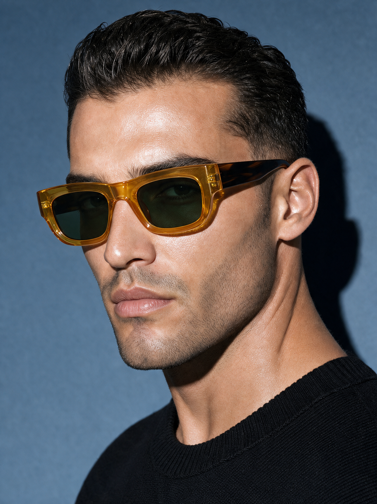 CHISEL Frame 22 sunglasses in SAFFRON, translucent amber box frame with tortoiseshell temples, three-quarter view