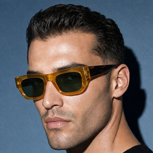 CHISEL Frame 22 sunglasses in SAFFRON, translucent amber box frame with tortoiseshell temples, three-quarter view