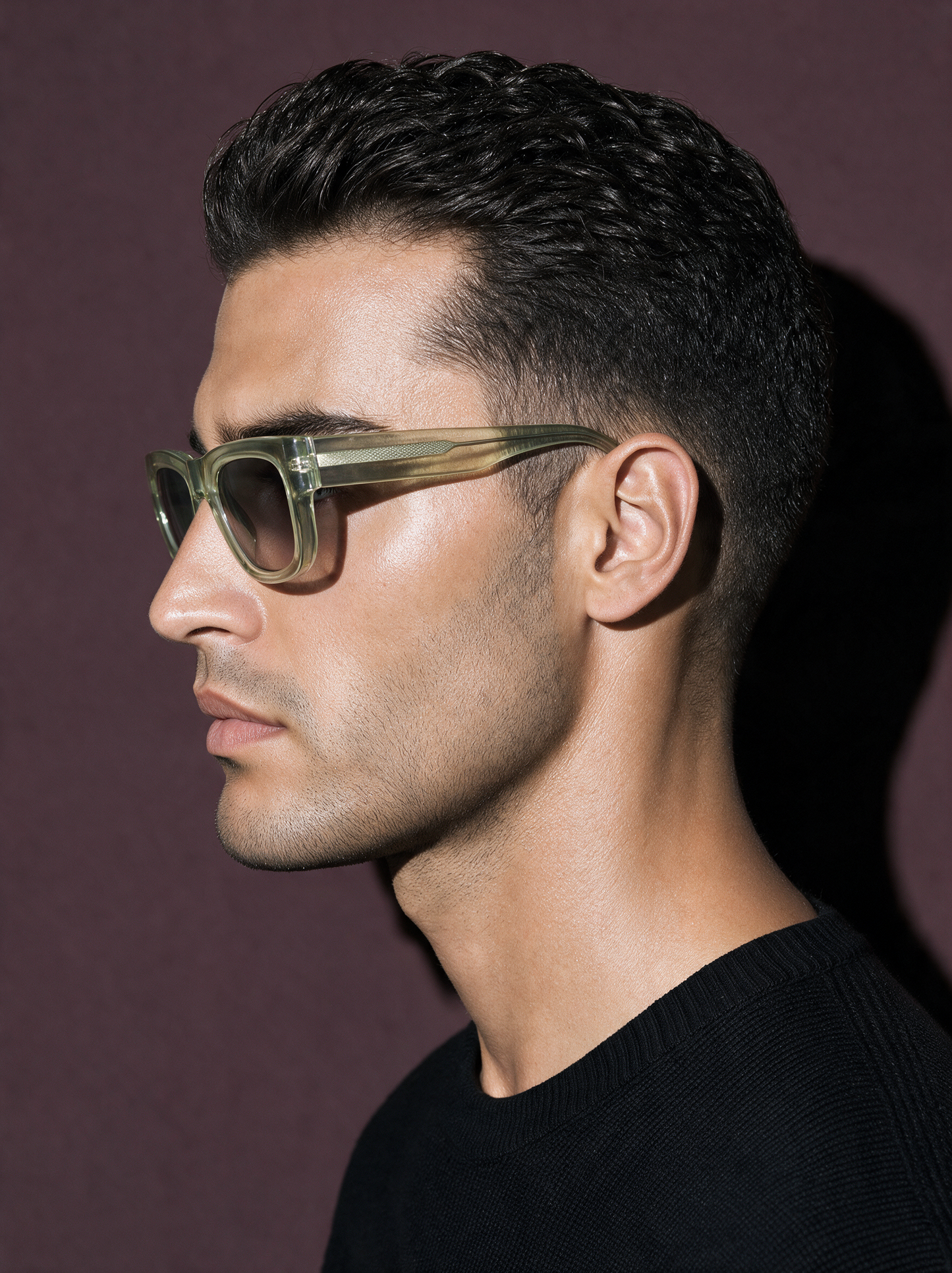 CHISEL Frame 22 sunglasses in CELADON, side profile showing pale sage temple