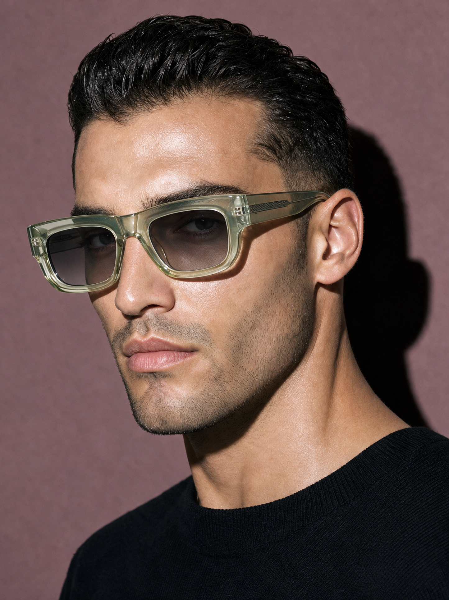 CHISEL Frame 22 sunglasses in CELADON, translucent pale sage box frame, three-quarter view