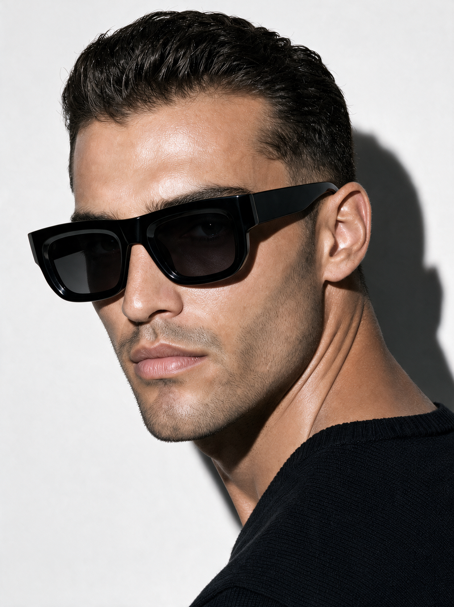CHISEL Frame 22 sunglasses in BASALT, gloss black box frame, three-quarter view