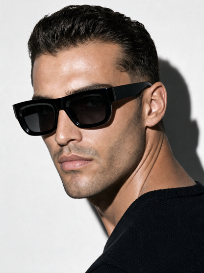 CHISEL Frame 22 sunglasses in BASALT, gloss black box frame, three-quarter view