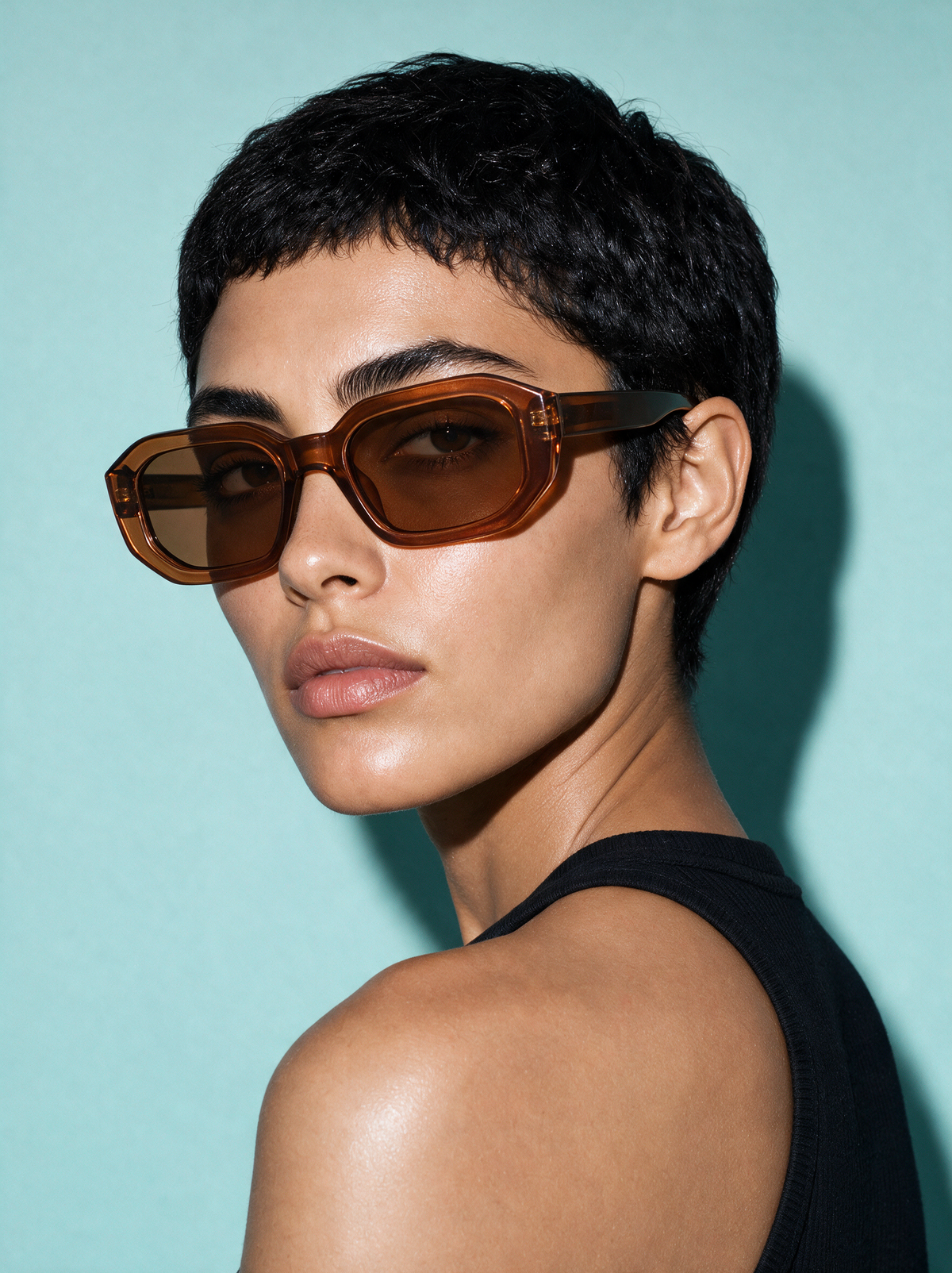 BEVEL BOURBON - transparent light brown faceted octagon sunglasses, three-quarter view