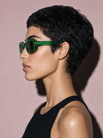 BEVEL EMERALD - transparent green faceted octagon sunglasses, side profile showing slab temple