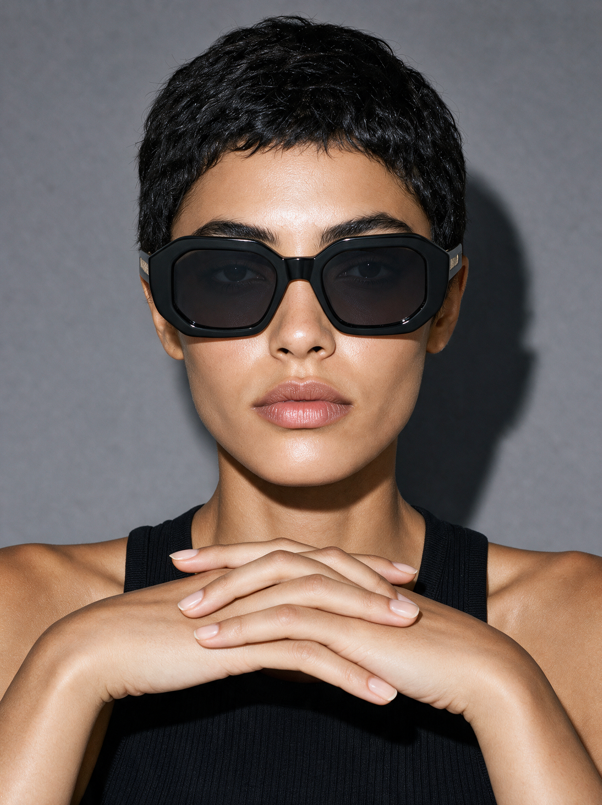 BEVEL VINYL - gloss black faceted octagon sunglasses, front view
