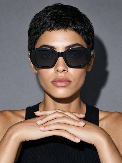 BEVEL VINYL - gloss black faceted octagon sunglasses, front view