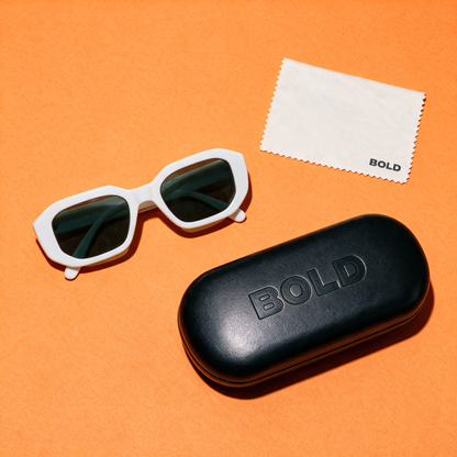 BEVEL PORCELAIN - flat lay with BOLD hard case and cleaning cloth