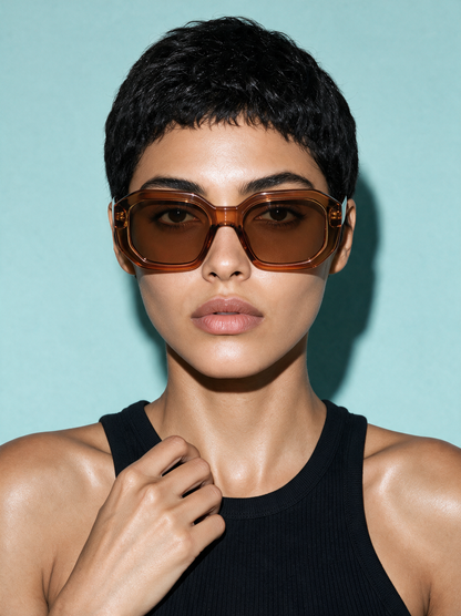 BEVEL BOURBON - transparent light brown faceted octagon sunglasses, front view