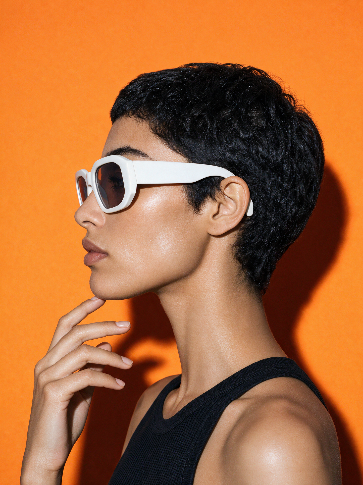BEVEL PORCELAIN - gloss white faceted octagon sunglasses, side profile showing slab temple