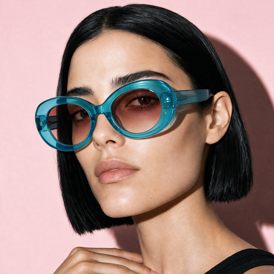 ORBIT Frame 21 oval sunglasses in CURACAO translucent blue, three-quarter portrait