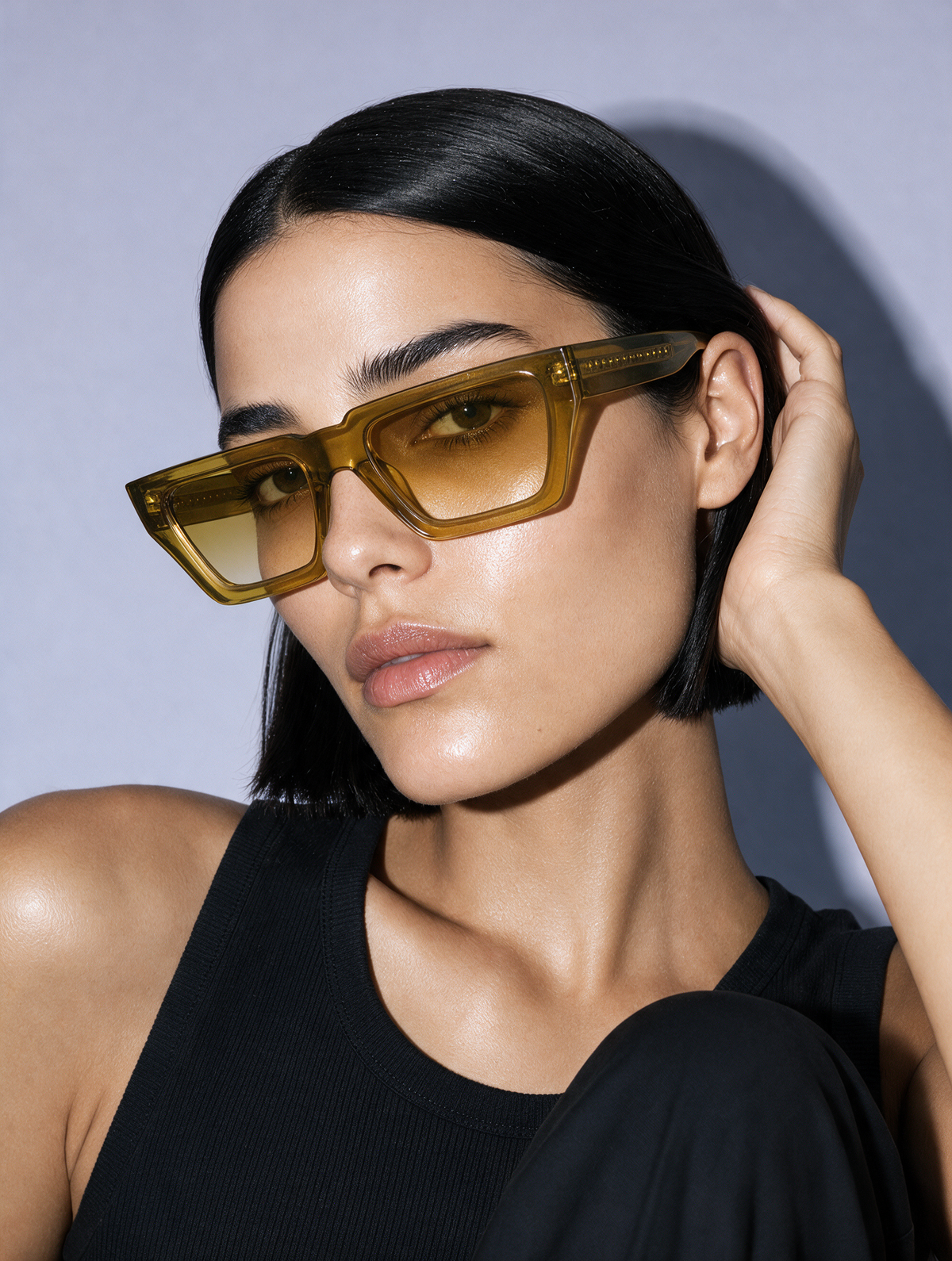 WEDGE Frame 12 sunglasses in LEMON DROP translucent amber yellow, three-quarter portrait