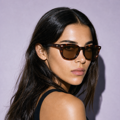 VISUAL Frame 11 sunglasses in TORTOISE amber and chocolate tortoiseshell, three-quarter portrait