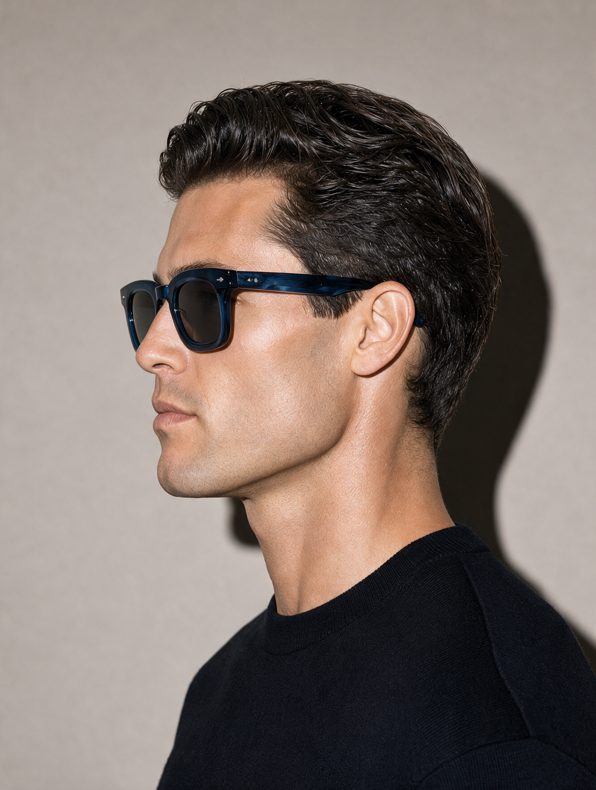 MASON Frame 10 in INK BLUE, profile showing the marbled navy temple and silver end-piece rivet