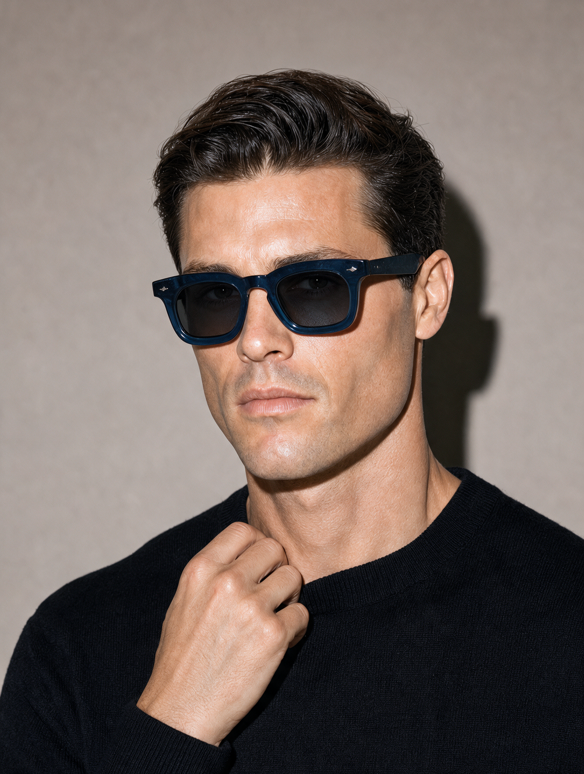 MASON Frame 10 sunglasses in INK BLUE marbled navy acetate, three-quarter portrait