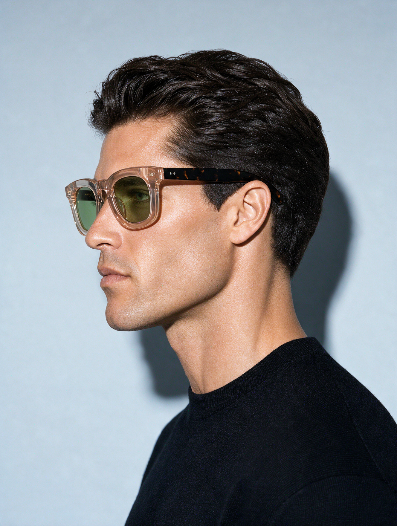 MASON Frame 10 in CHAMPAGNE, profile showing the tortoiseshell temple and silver end-piece rivet