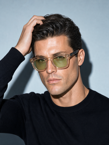 MASON Frame 10 sunglasses in CHAMPAGNE translucent champagne acetate with tortoiseshell temples, three-quarter portrait
