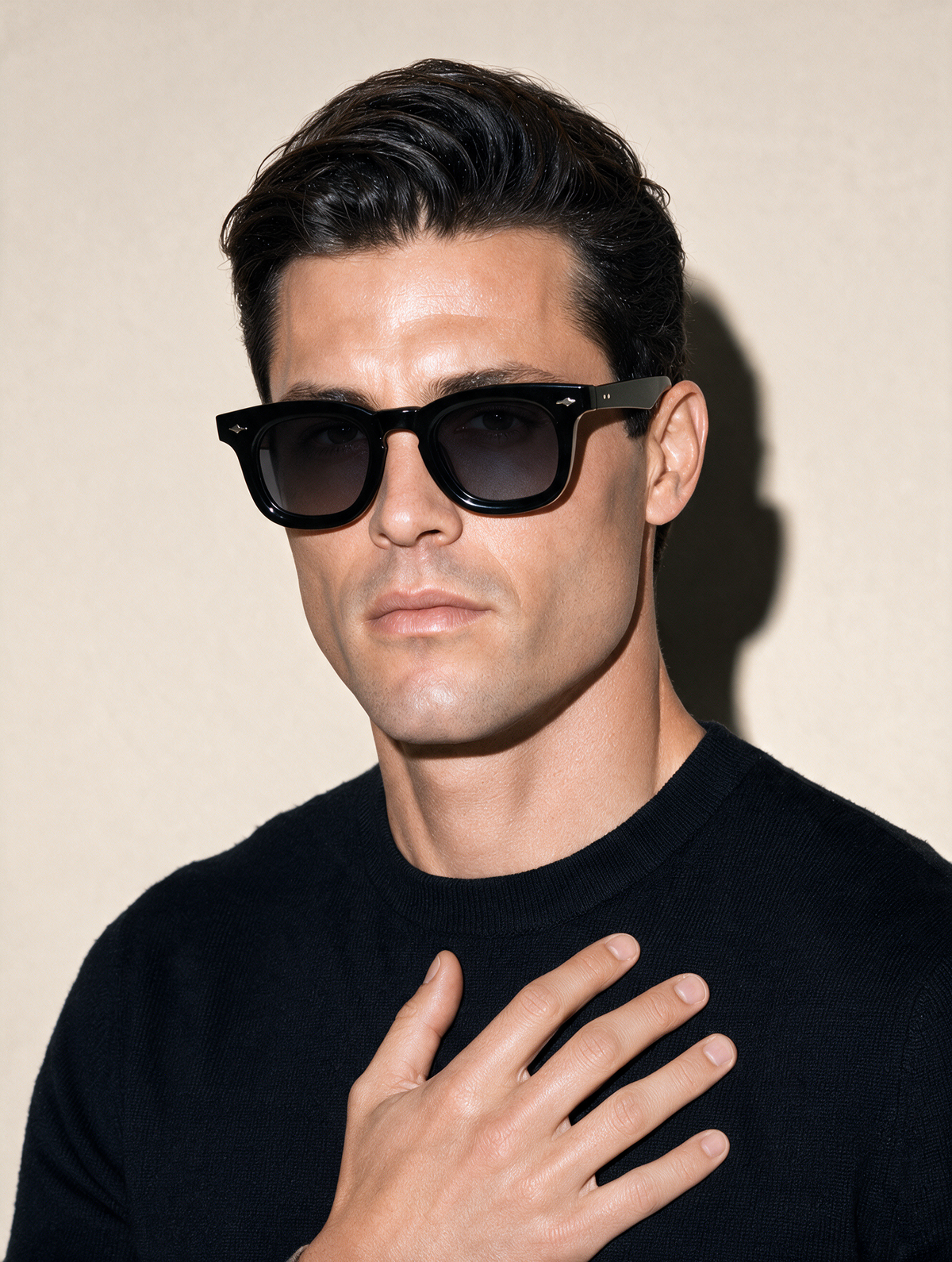 MASON Frame 10 sunglasses in NO COMMENT gloss black acetate, three-quarter portrait